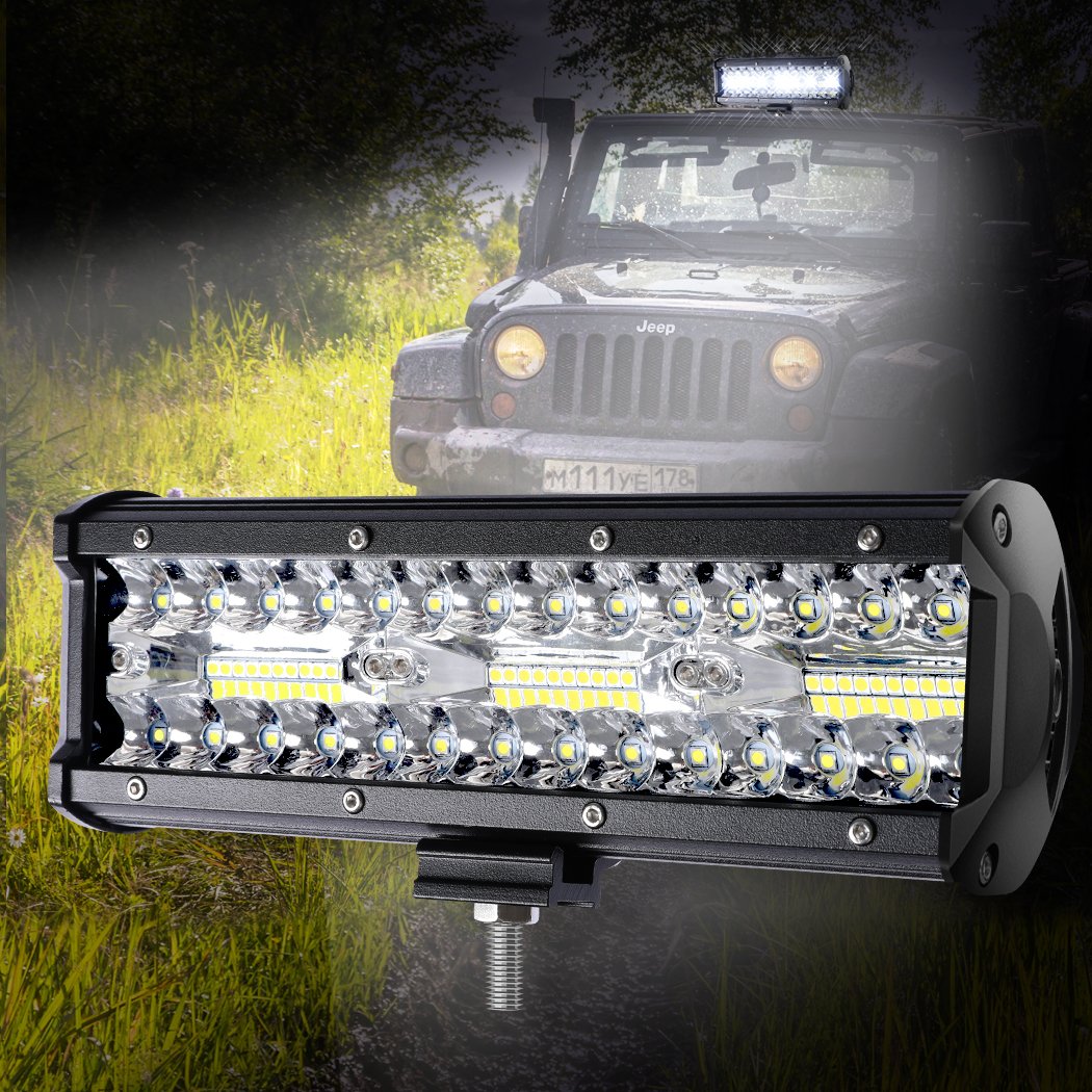 LED Light Bar with spot and flood beam features, showcasing durable aluminum casing and PMMA lens, ideal for off-road and camping use.