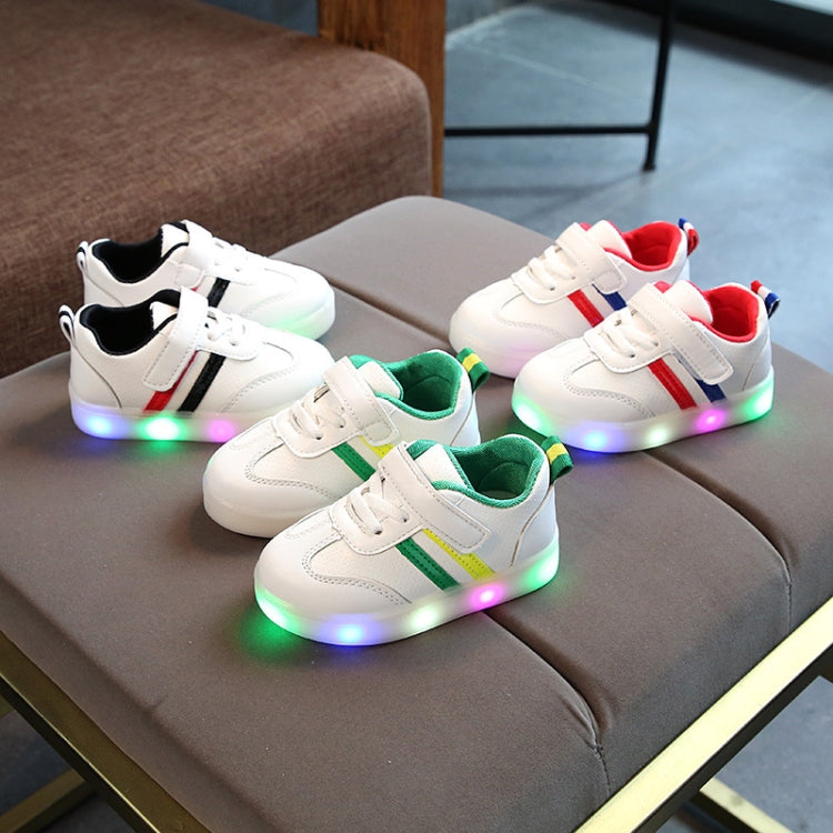 Red LED light up casual shoes for children with synthetic PU upper and rubber sole, featuring nylon straps for easy wear.