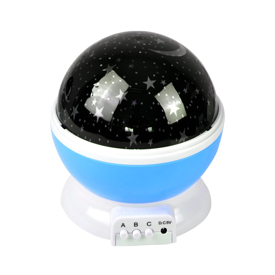 LED Night Star Sky Projector Light Lamp in blue, projecting colorful stars and moon onto a ceiling, perfect for children's bedrooms.