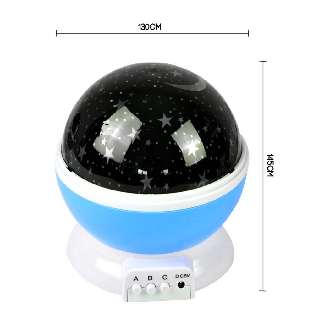 LED Night Star Sky Projector Light Lamp in blue, projecting colorful stars and moon onto a ceiling, perfect for children's bedrooms.