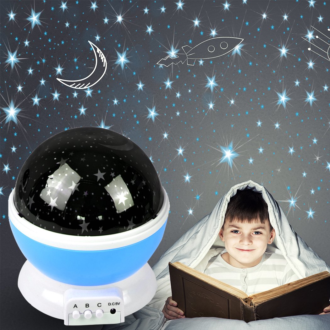 LED Night Star Sky Projector Light Lamp in blue, projecting colorful stars and moon onto a ceiling, perfect for children's bedrooms.