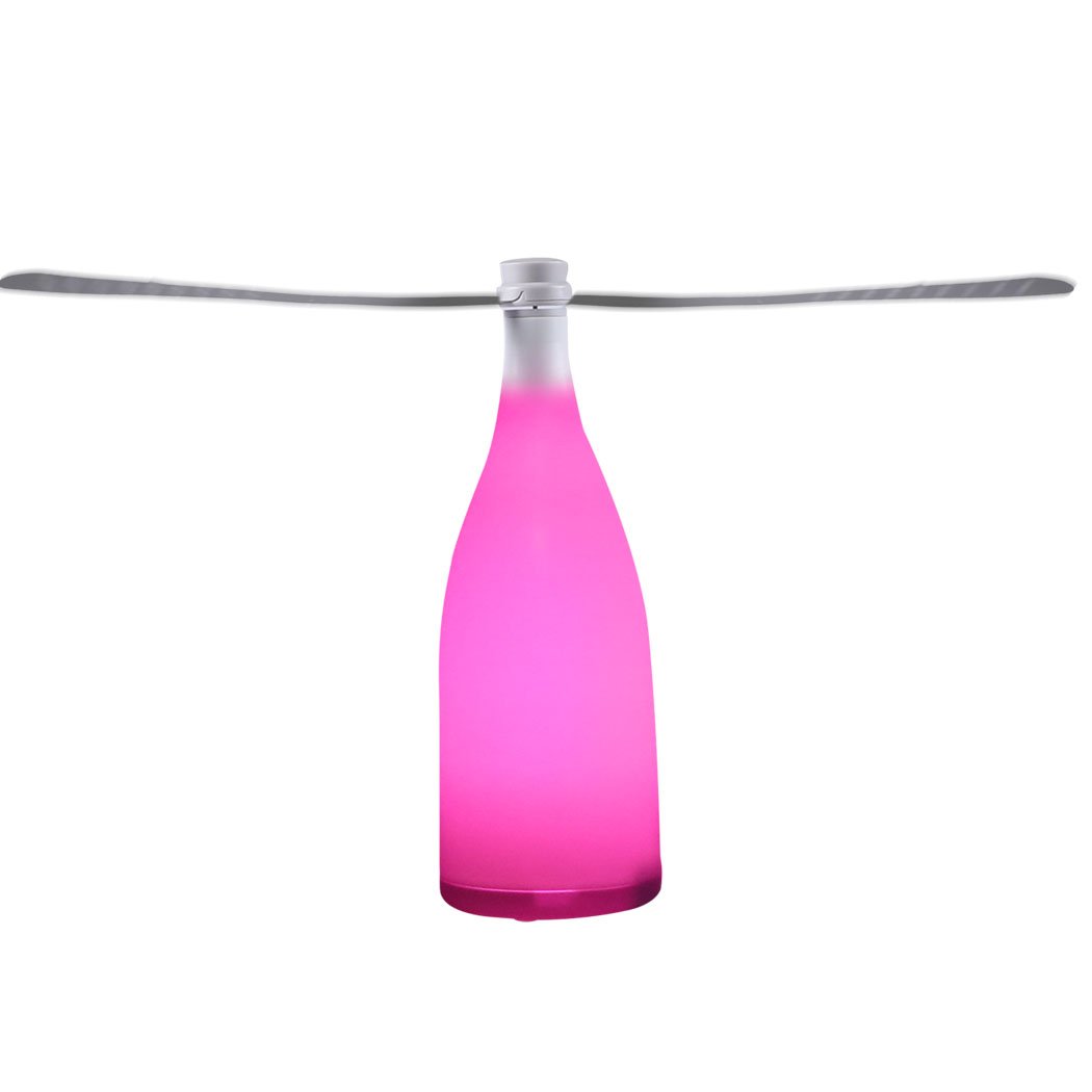 LED Repellent Fly Fan in pink color with colorful LED lights, designed for indoor and outdoor use, featuring soft rotating blades.