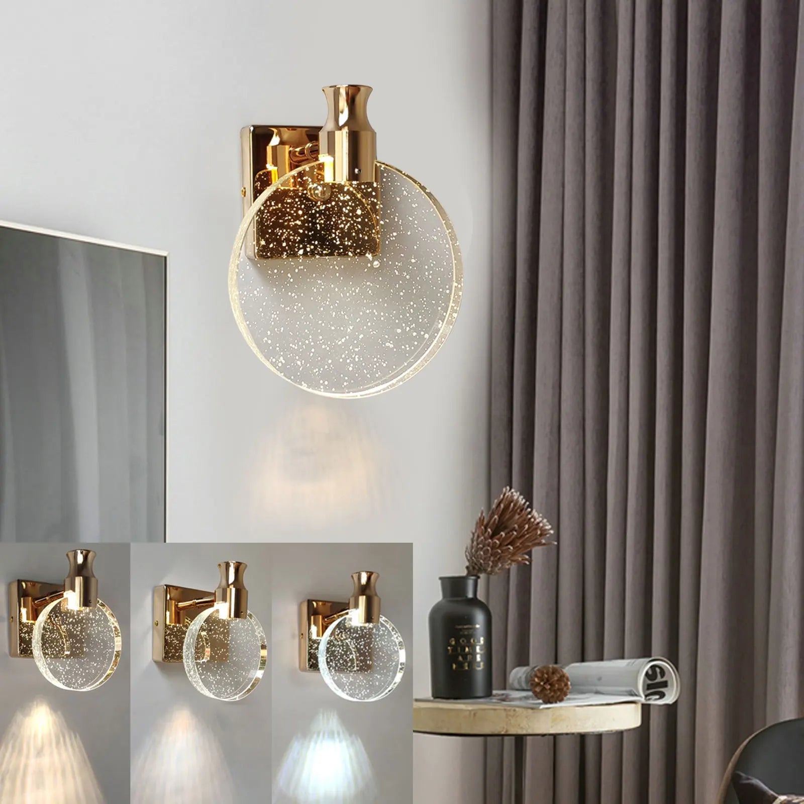 LED wall lamp Ring crystal in gold finish, suitable for living room, bathroom, and bedroom decor.