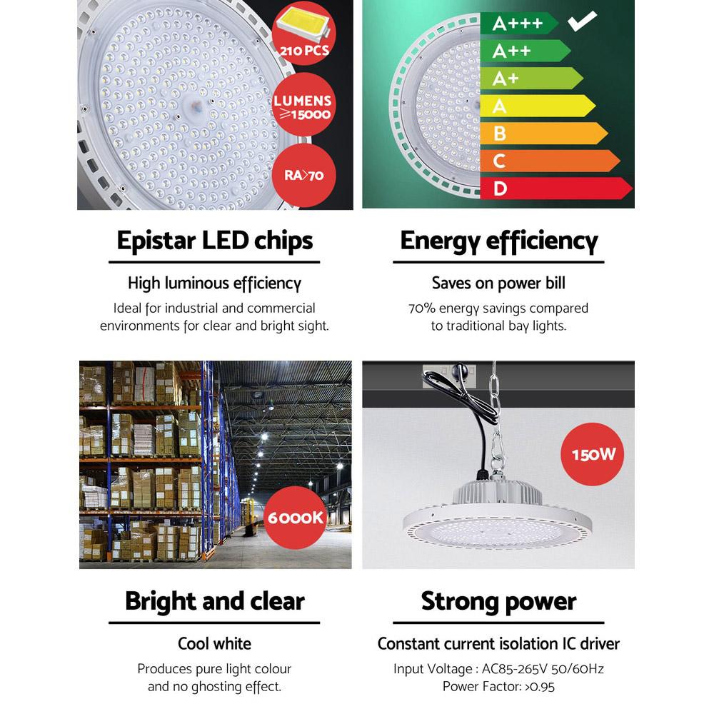 Leier LED High Bay Light 150W with honeycomb aluminum heat sink design, ideal for warehouses and gyms.