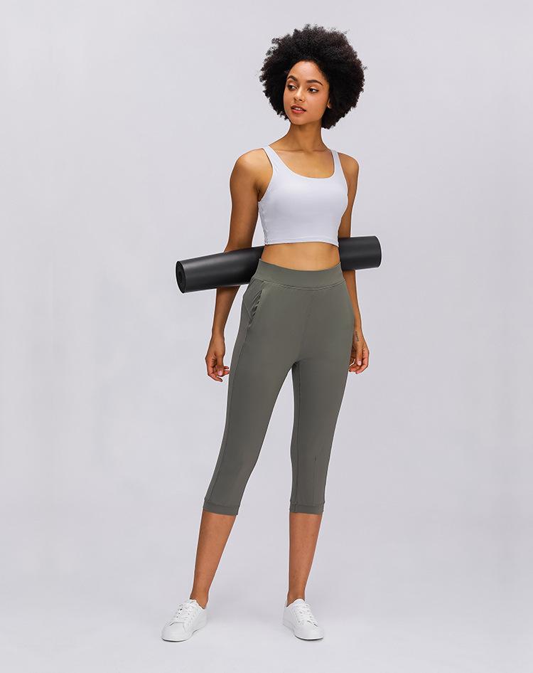 Women wearing high waist yoga capri joggers, showcasing stretchy fabric and side pocket.