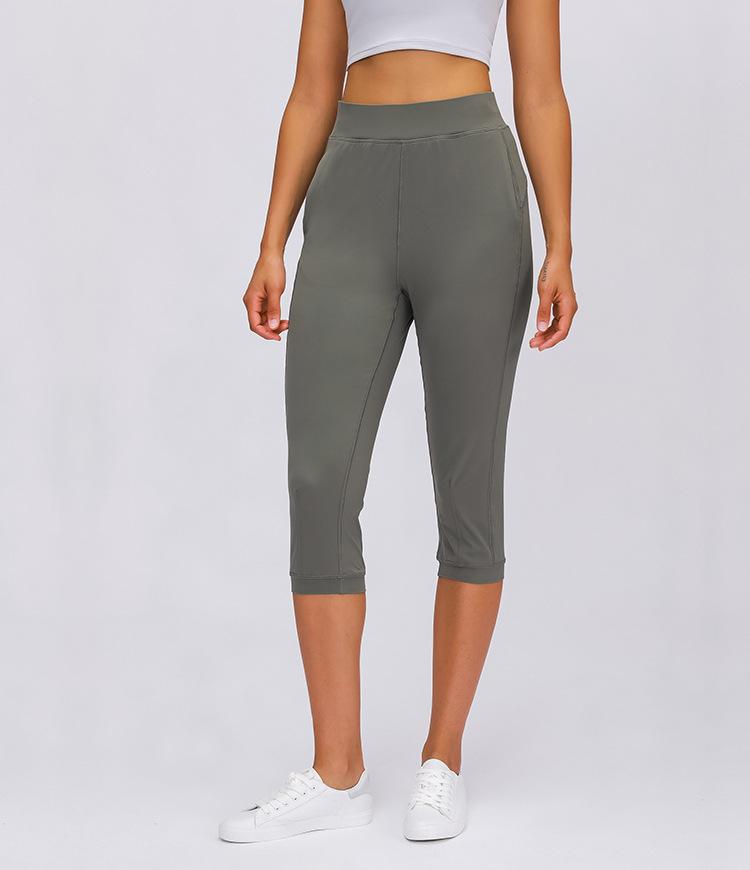 Women wearing high waist yoga capri joggers, showcasing stretchy fabric and side pocket.