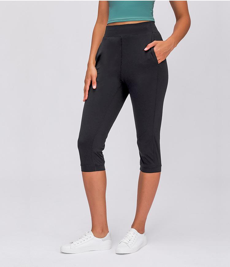 Women wearing high waist yoga capri joggers, showcasing stretchy fabric and side pocket.