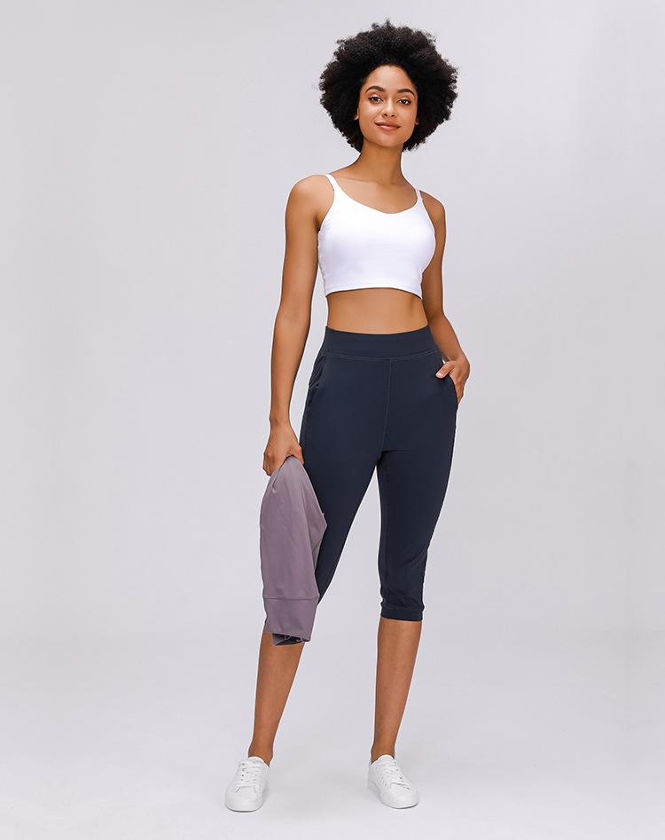 Women wearing high waist yoga capri joggers, showcasing stretchy fabric and side pocket.