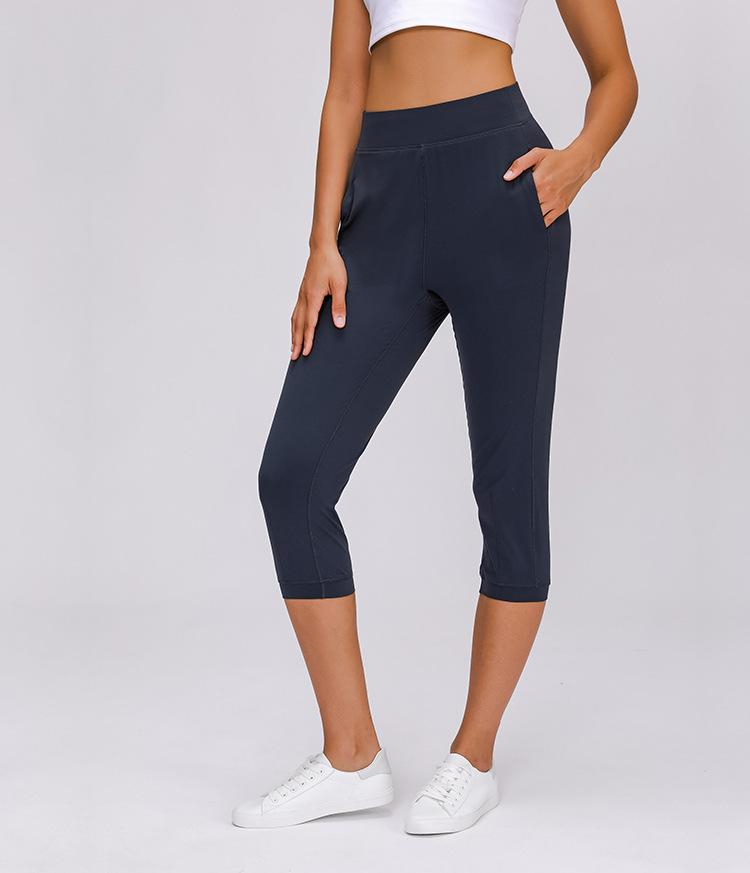 Women wearing high waist yoga capri joggers, showcasing stretchy fabric and side pocket.