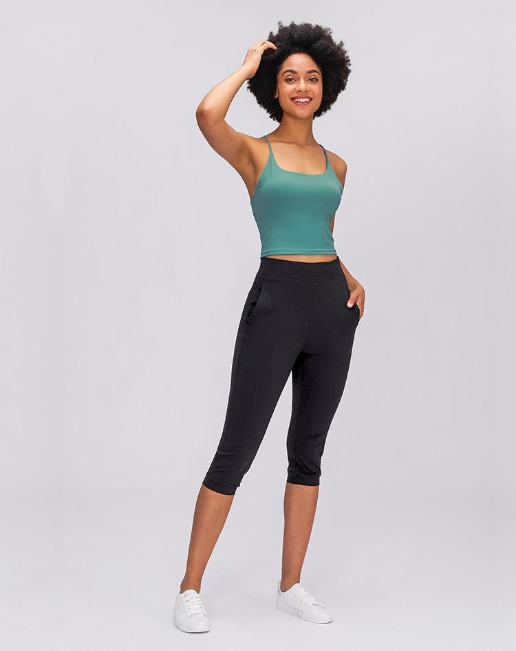 Women wearing high waist yoga capri joggers, showcasing stretchy fabric and side pocket.