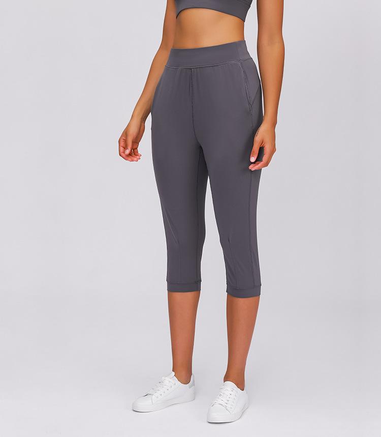 Women wearing high waist yoga capri joggers, showcasing stretchy fabric and side pocket.