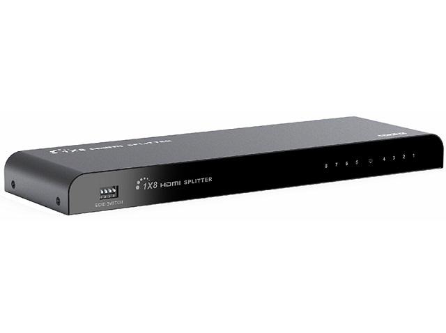 Lenkeng HDMI Splitter 1 x 8 HDMI 2.0 with EDID Management, showcasing multiple HDMI outputs and a sleek design.