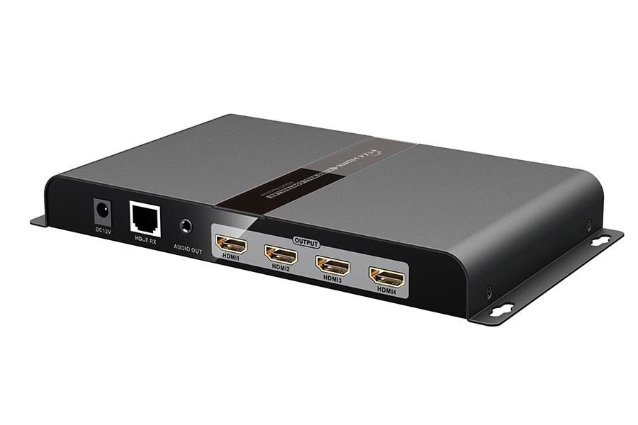 Lenkeng HDMI Video Wall controller with 4 monitors in a 2x2 setup, showcasing vibrant 1080P visuals.