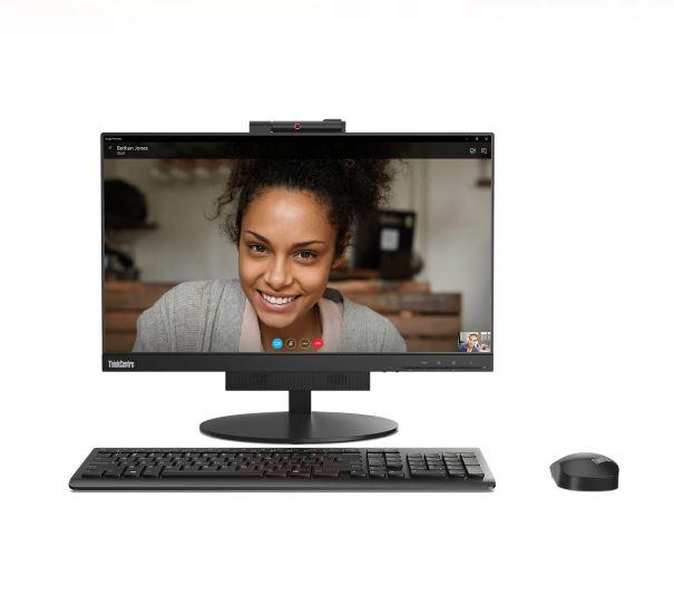 LENOVO ThinkCentre TIO3 23.8IN FHD Touchscreen Monitor with built-in speakers and webcam, showcasing its sleek design and multi-touch capabilities.