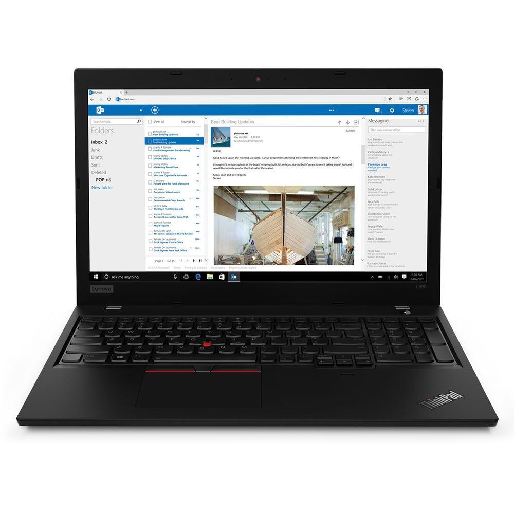 Lenovo ThinkPad L590 laptop with a 15.6-inch FHD display, Intel i7 processor, and sleek design, showcasing its ports and keyboard.