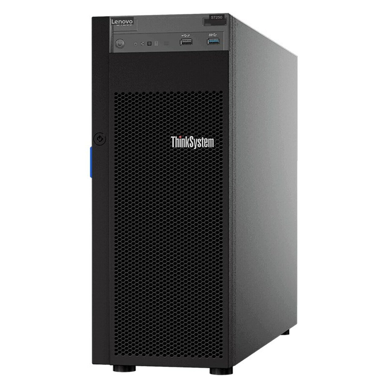 LENOVO ThinkSystem ST250 4U Tower Server featuring Intel Xeon E-2276G processor and multiple storage bays.