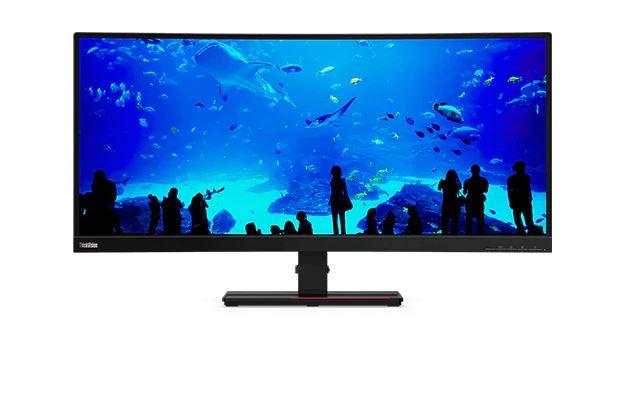 LENOVO ThinkVision T34w-20 34-inch WQHD curved monitor showcasing its sleek design and connectivity ports.