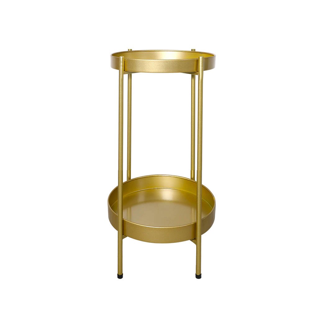 Levede 2 Tier Plant Stand in gold, showcasing beautiful flower pots on two levels, perfect for indoor and outdoor use.