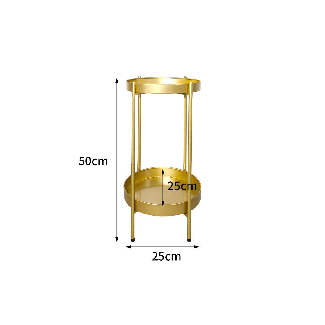 Levede 2 Tier Plant Stand in gold, showcasing beautiful flower pots on two levels, perfect for indoor and outdoor use.