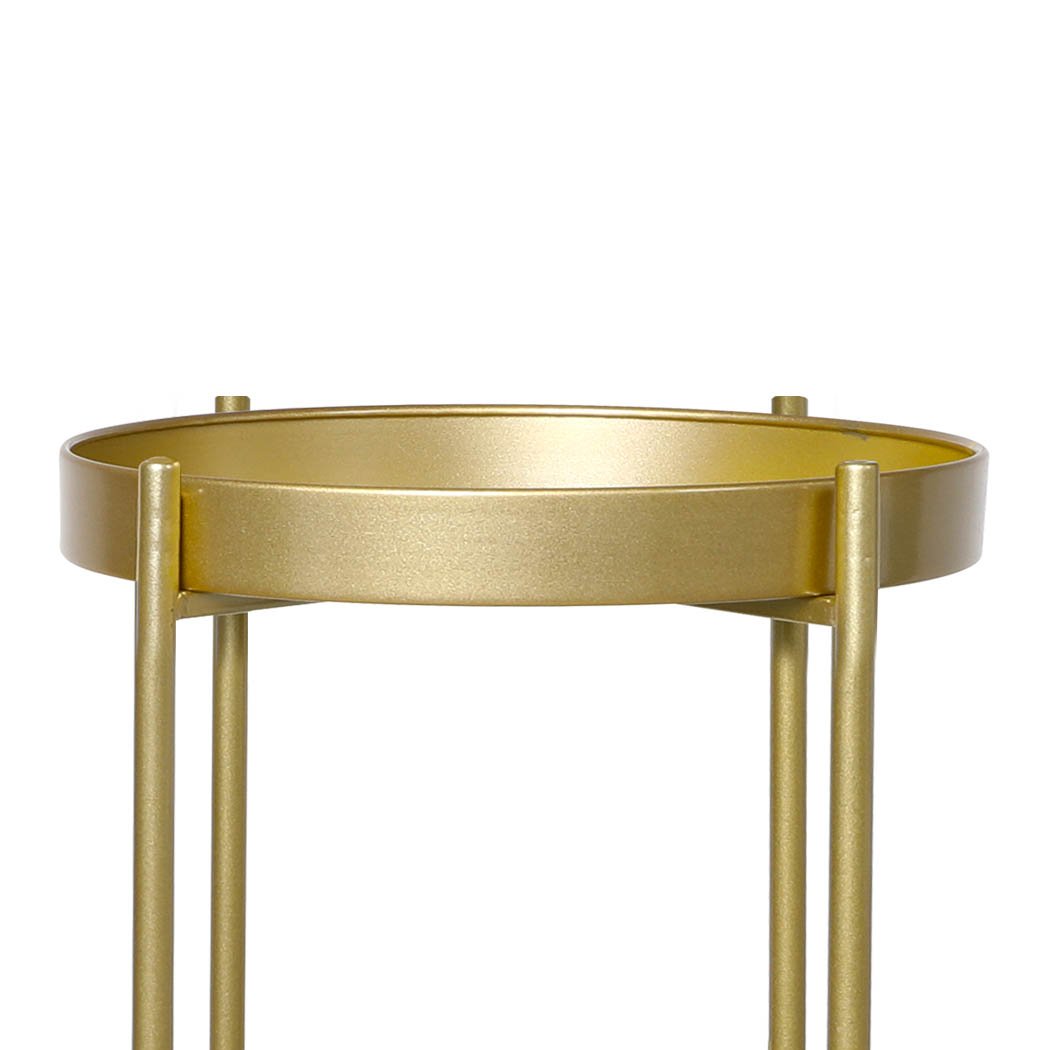 Levede 2 Tier Plant Stand in gold, showcasing beautiful flower pots on two levels, perfect for indoor and outdoor use.