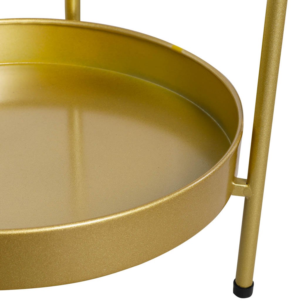 Levede 2 Tier Plant Stand in gold, showcasing beautiful flower pots on two levels, perfect for indoor and outdoor use.