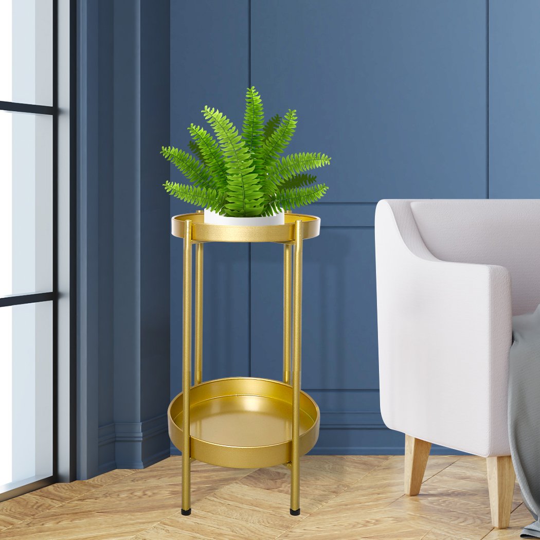 Levede 2 Tier Plant Stand in gold, showcasing beautiful flower pots on two levels, perfect for indoor and outdoor use.