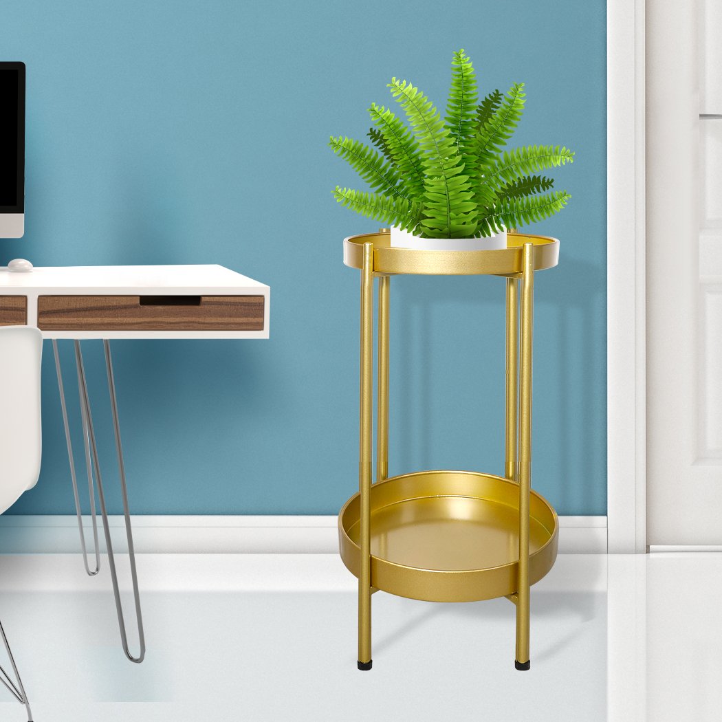 Levede 2 Tier Plant Stand in gold, showcasing beautiful flower pots on two levels, perfect for indoor and outdoor use.