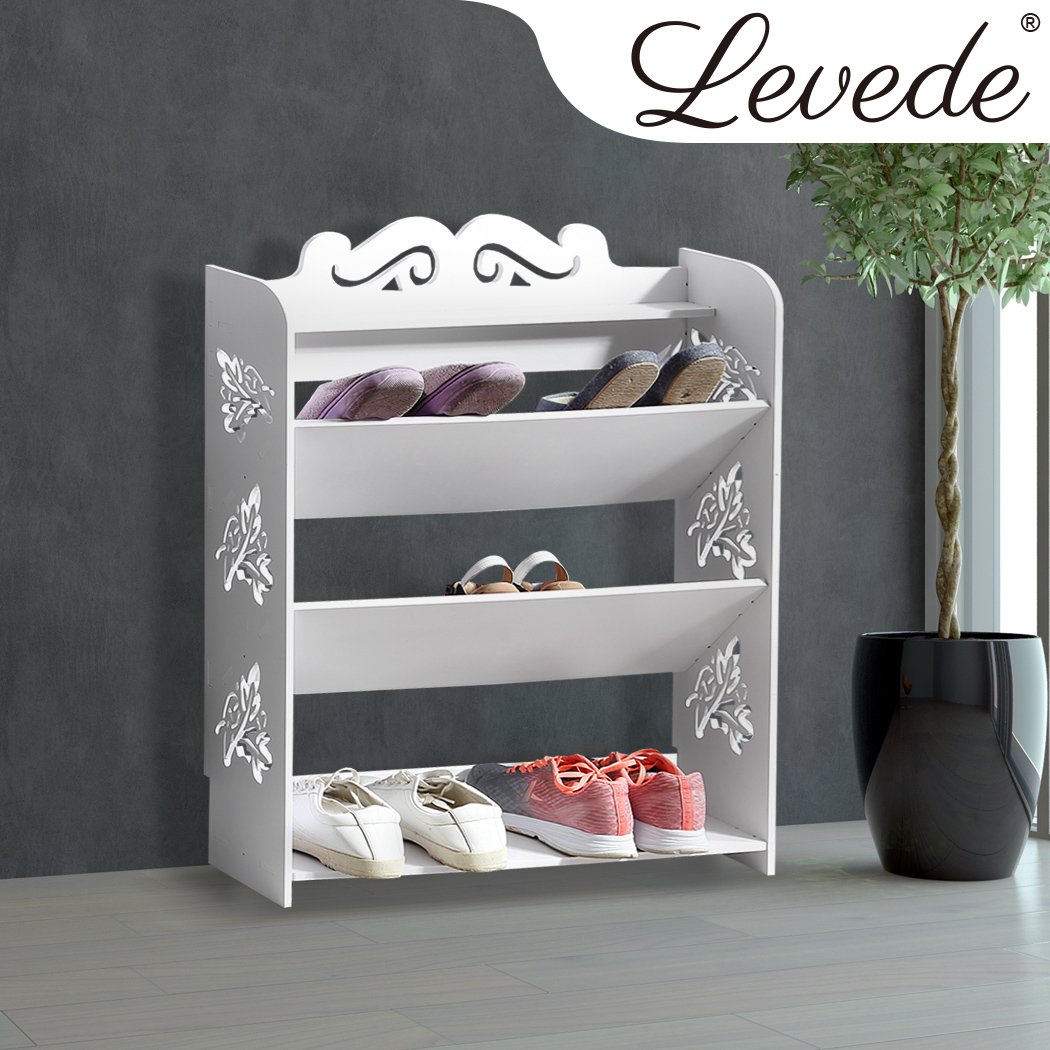 Levede 4 Tiers 63 Width Tilt Chic Hollow Shoe Rack in white, showcasing its stylish design and spacious storage for shoes and small items.