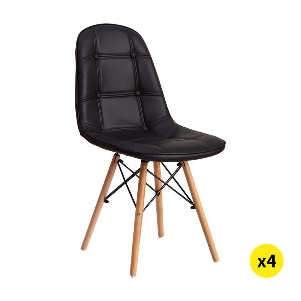 Levede 4x Retro Replica PU Leather Dining Chairs in black with beech wooden legs, showcasing a modern and stylish design.