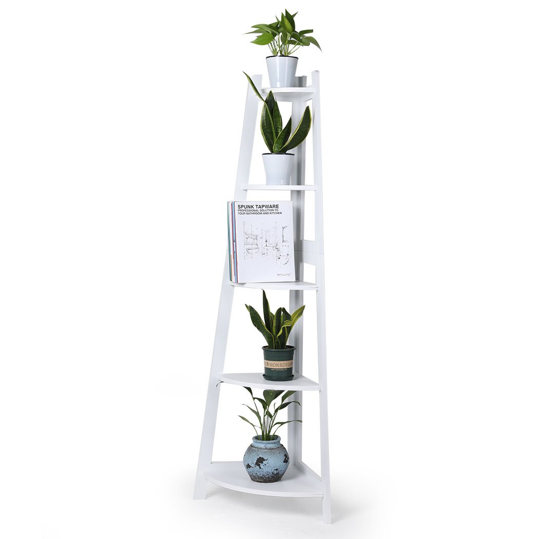 Levede 5 Tier Corner Shelf in white, showcasing its elegant design and sturdy construction, perfect for home display and storage.