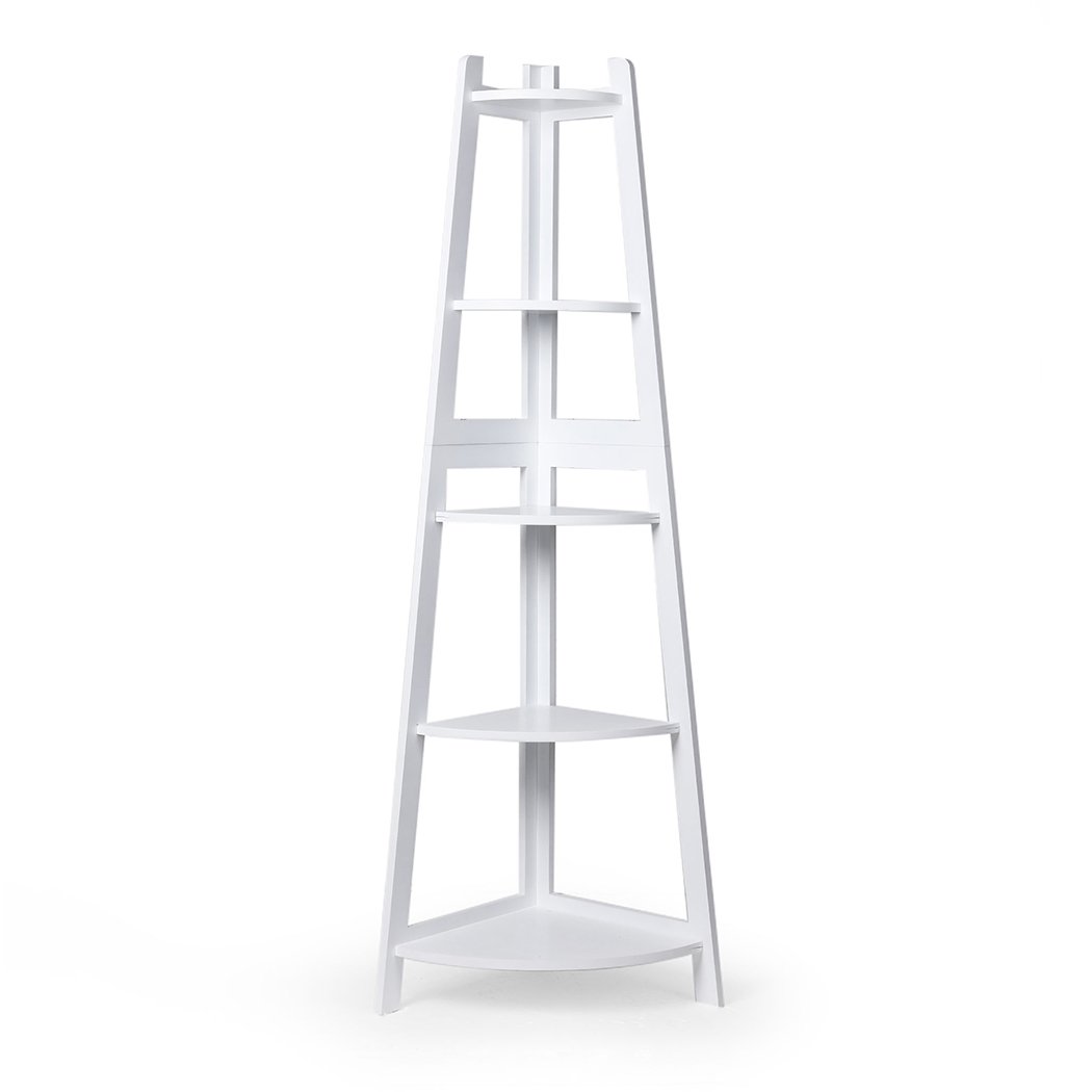 Levede 5 Tier Corner Shelf in white, showcasing its elegant design and sturdy construction, perfect for home display and storage.