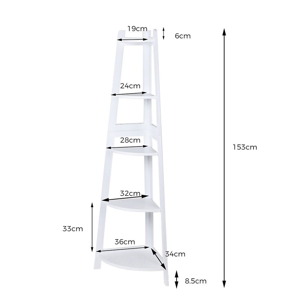 Levede 5 Tier Corner Shelf in white, showcasing its elegant design and sturdy construction, perfect for home display and storage.