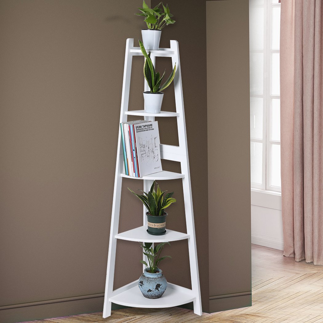 Levede 5 Tier Corner Shelf in white, showcasing its elegant design and sturdy construction, perfect for home display and storage.