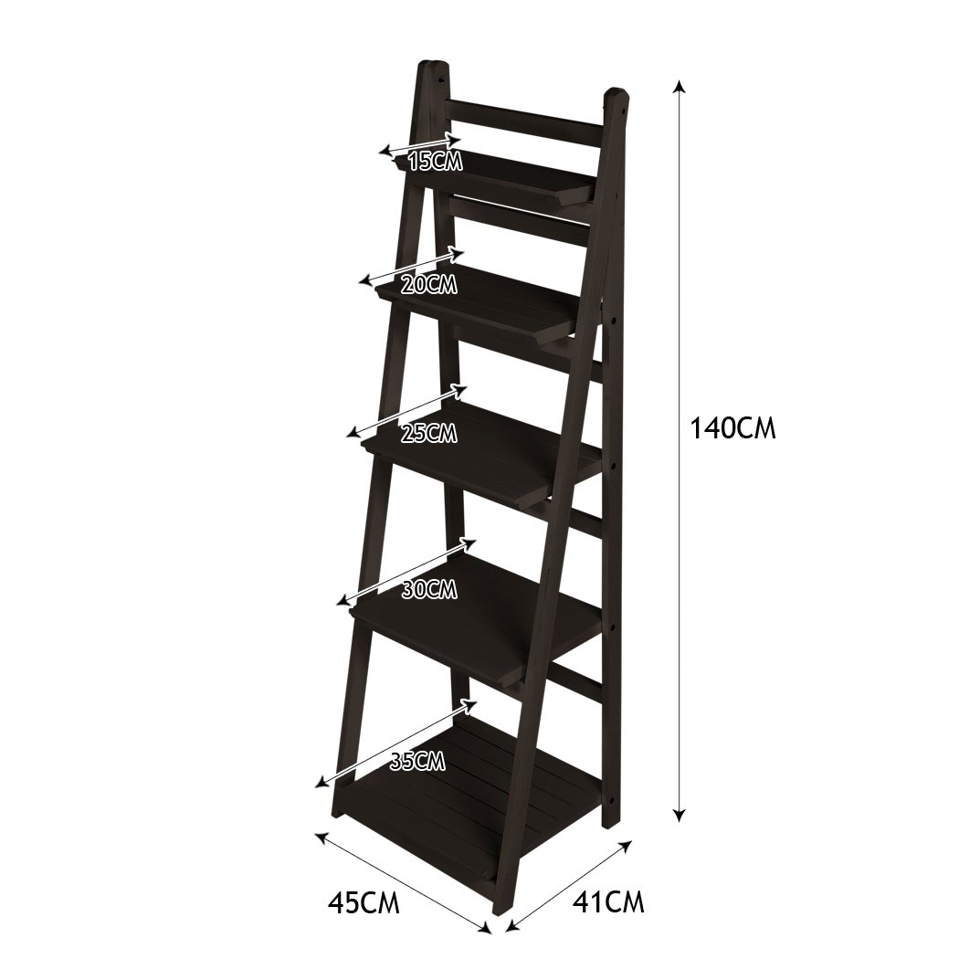 Levede 5 Tier Ladder Shelf in coffee color, showcasing five spacious tiers for books and decor, perfect for modern home styling.