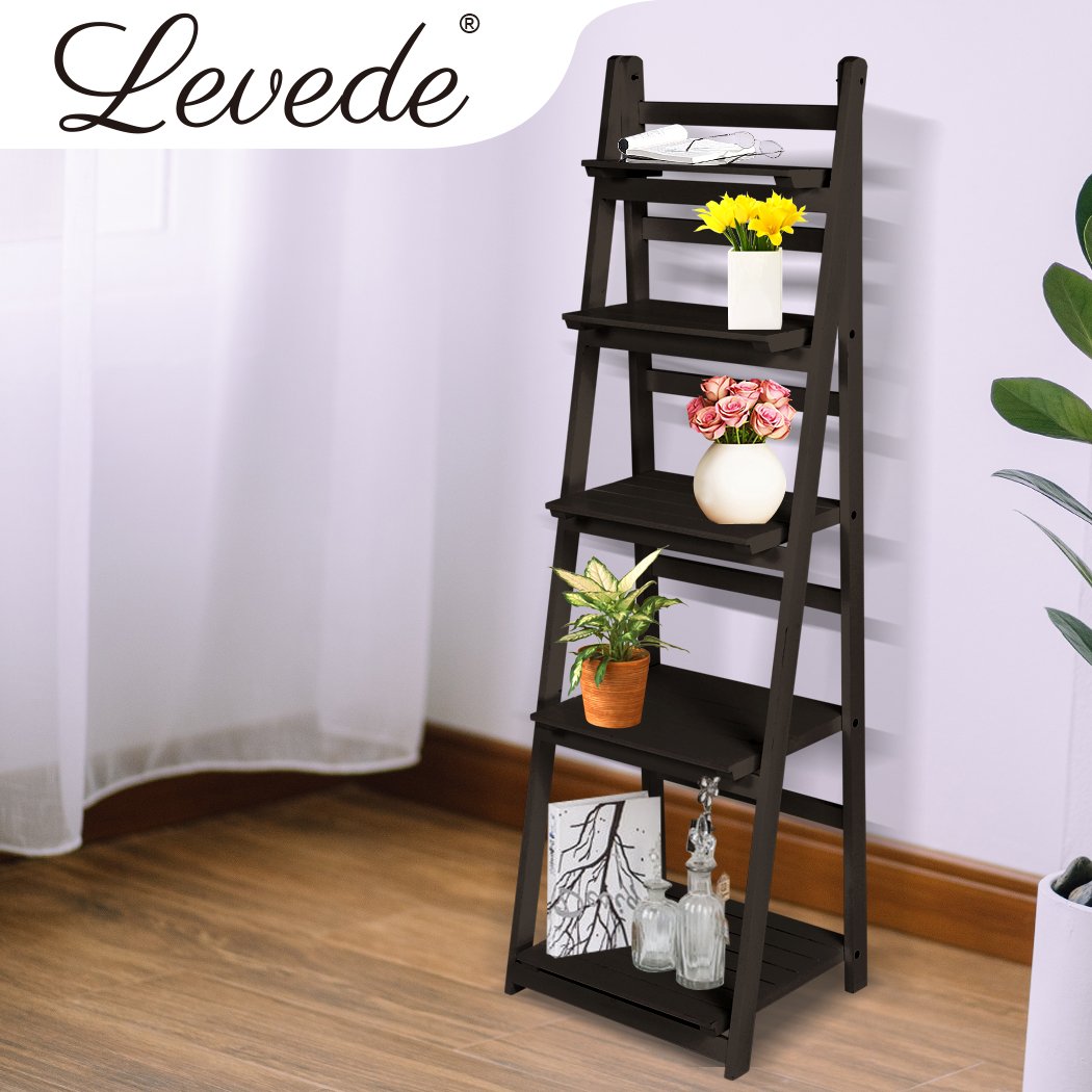 Levede 5 Tier Ladder Shelf in coffee color, showcasing five spacious tiers for books and decor, perfect for modern home styling.