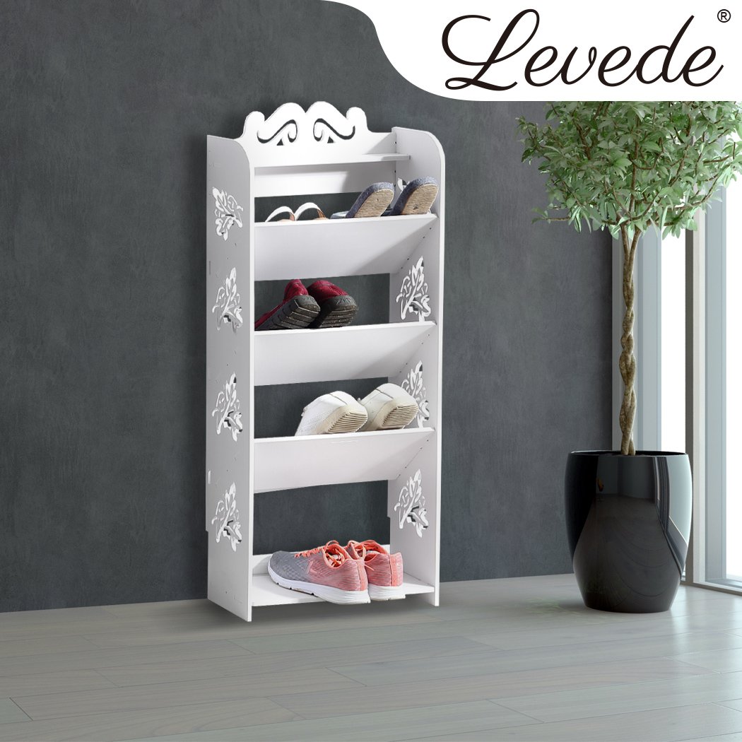 Levede 5 Tiers Shoe Rack in white, showcasing its eco-friendly WPC material and stylish design, perfect for organizing footwear.