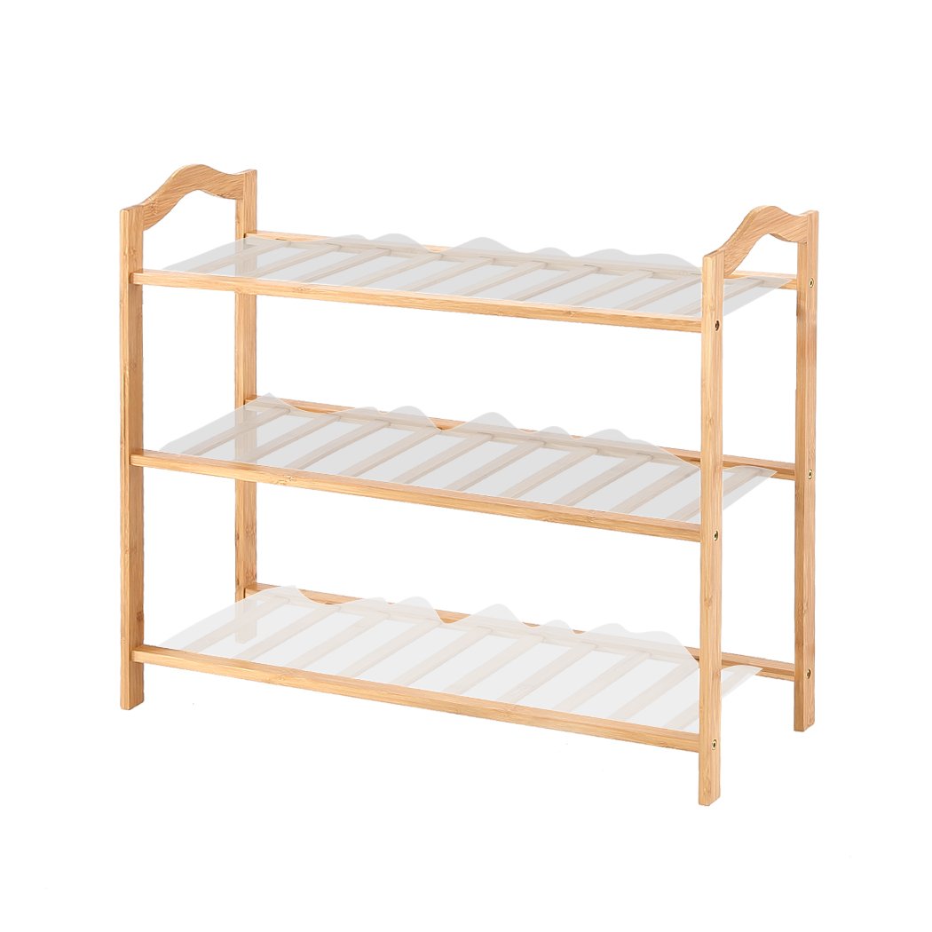 Levede Bamboo Shoe Rack with three tiers, showcasing a natural finish and integrated handles for easy carrying.