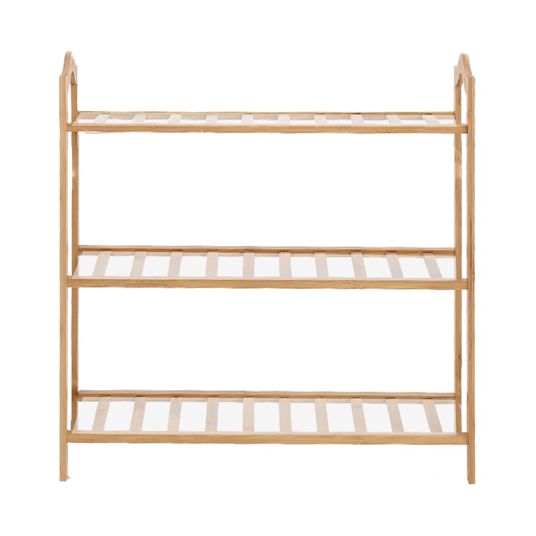 Levede Bamboo Shoe Rack with three tiers, showcasing a natural finish and integrated handles for easy carrying.