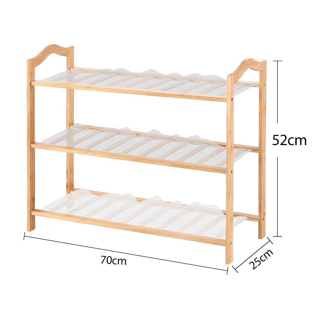 Levede Bamboo Shoe Rack with three tiers, showcasing a natural finish and integrated handles for easy carrying.