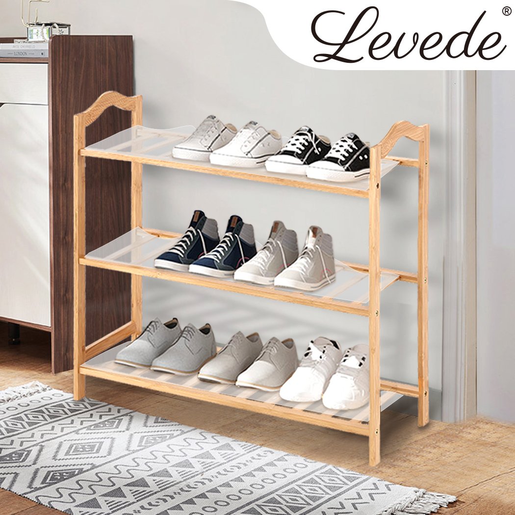 Levede Bamboo Shoe Rack with three tiers, showcasing a natural finish and integrated handles for easy carrying.