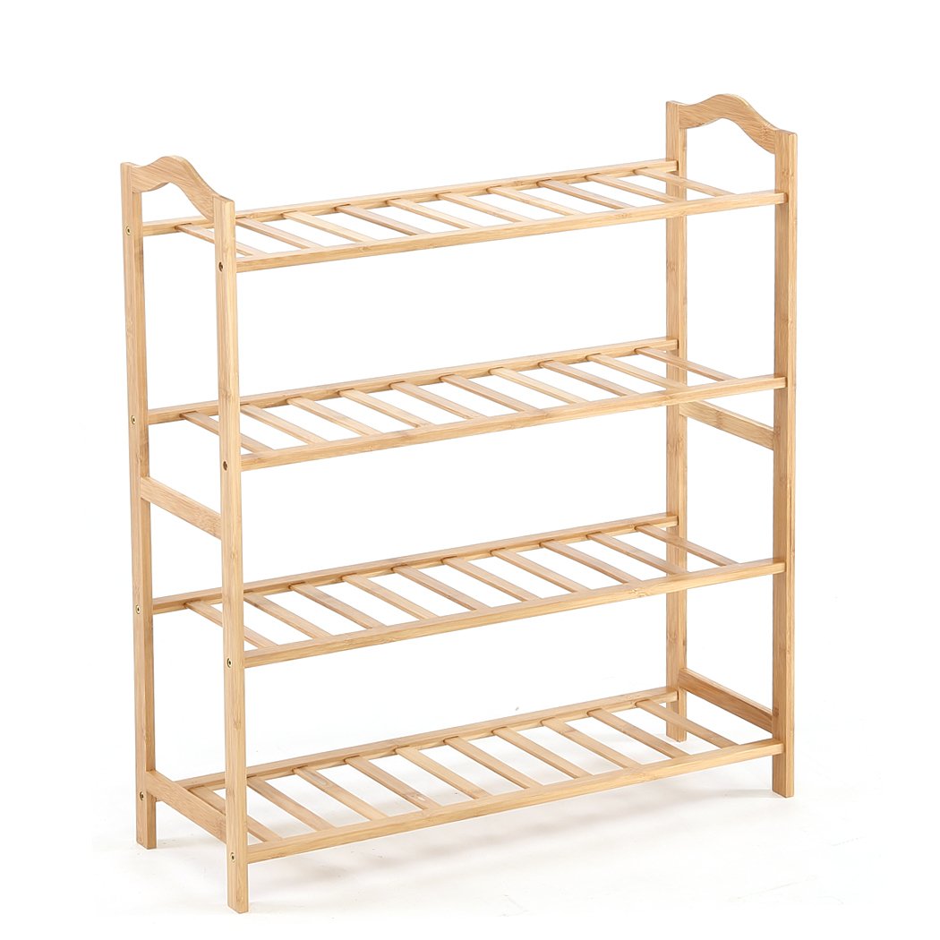 Levede Bamboo Shoe Rack with 4 tiers, showcasing natural bamboo finish and integrated handles for easy carrying.