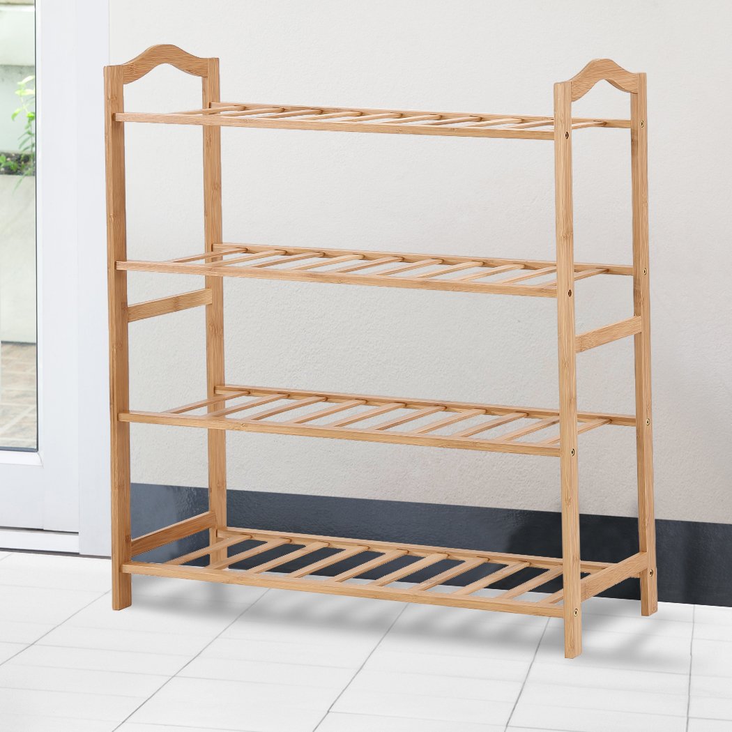 Levede Bamboo Shoe Rack with 4 tiers, showcasing natural bamboo finish and integrated handles for easy carrying.