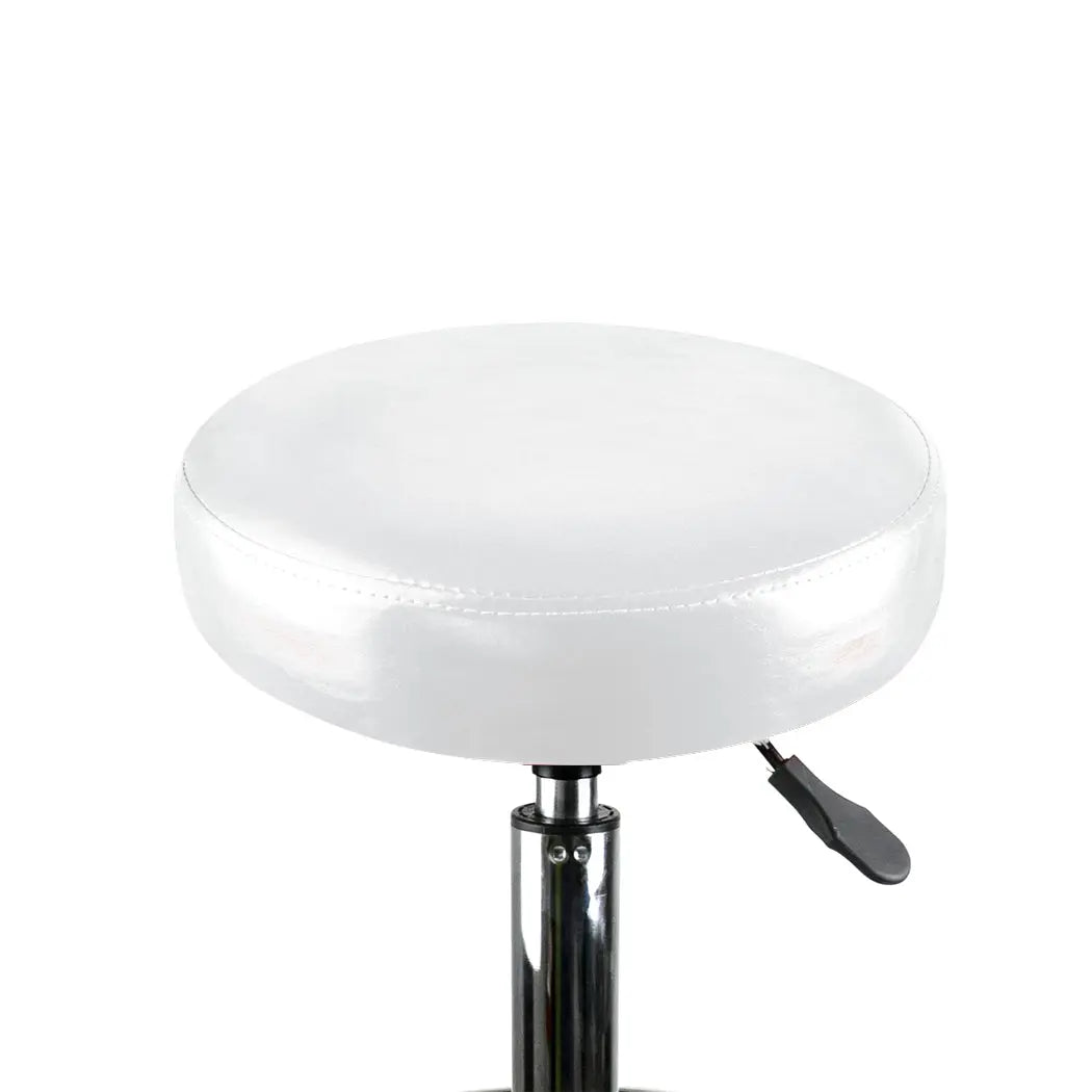 Levede Bar Stools featuring a round white PU leather cushion, adjustable height, and a sturdy silver iron base with wheels.