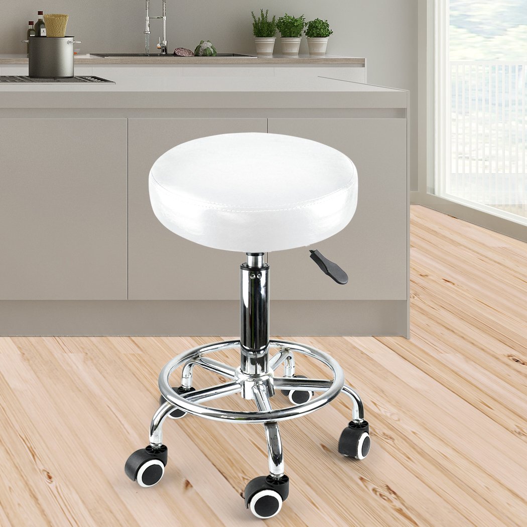 Levede Bar Stools featuring a round white PU leather cushion, adjustable height, and a sturdy silver iron base with wheels.