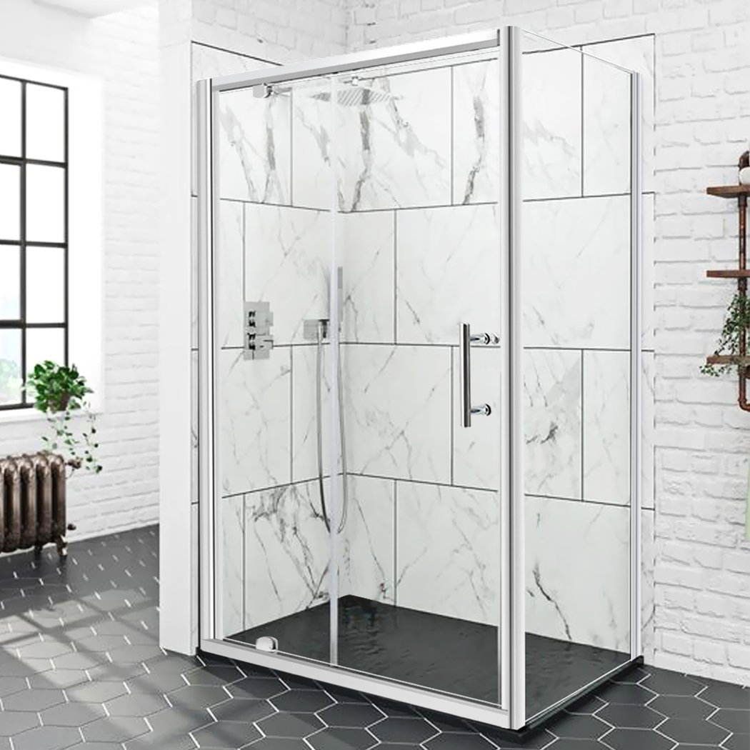 Levede Bath Shower Enclosure Screen with clear tempered glass and aluminium alloy frame, showcasing stainless steel handles and waterproof seal strip.