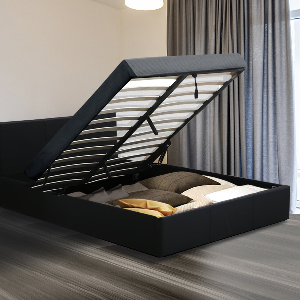 Levede Gas Lift Bed Frame in black PU leather with storage space underneath, showcasing its elegant design and sturdy construction.