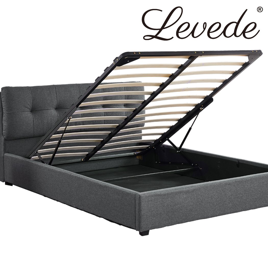 Levede Queen Size Bed Frame with Gas Lift Storage, featuring a plush padded headboard and elegant charcoal linen upholstery.