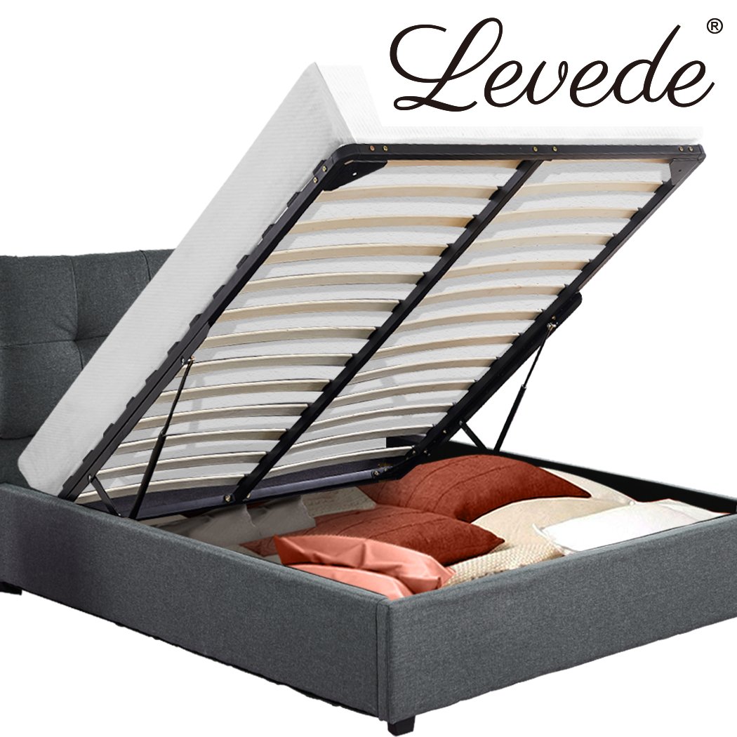 Levede Queen Size Bed Frame with Gas Lift Storage, featuring a plush padded headboard and elegant charcoal linen upholstery.