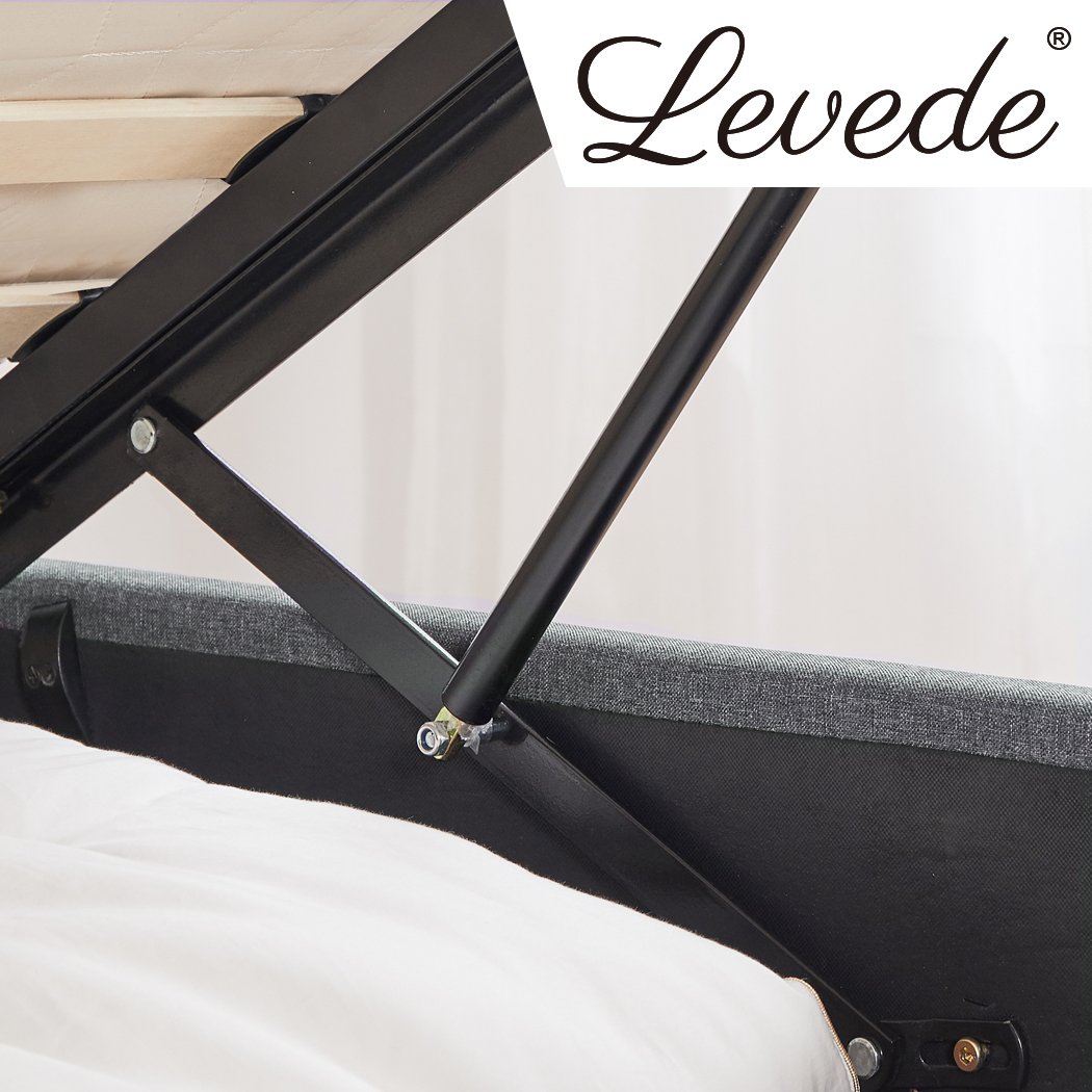 Levede Queen Size Bed Frame with Gas Lift Storage, featuring a plush padded headboard and elegant charcoal linen upholstery.