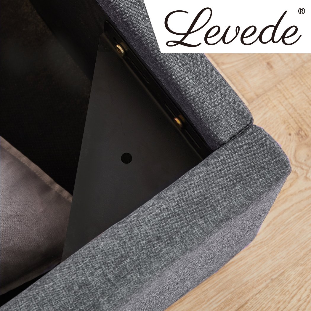 Levede Queen Size Bed Frame with Gas Lift Storage, featuring a plush padded headboard and elegant charcoal linen upholstery.